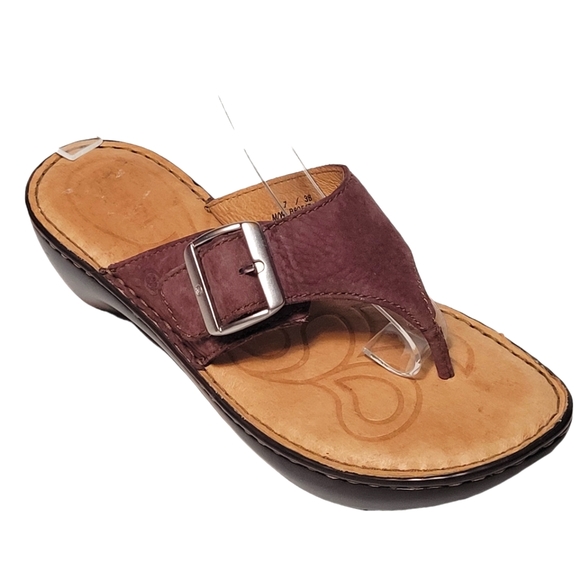 BORN Chesnut Brown Leather Wedge Sandals With Silver Buckle Size 7 - Picture 1 of 11